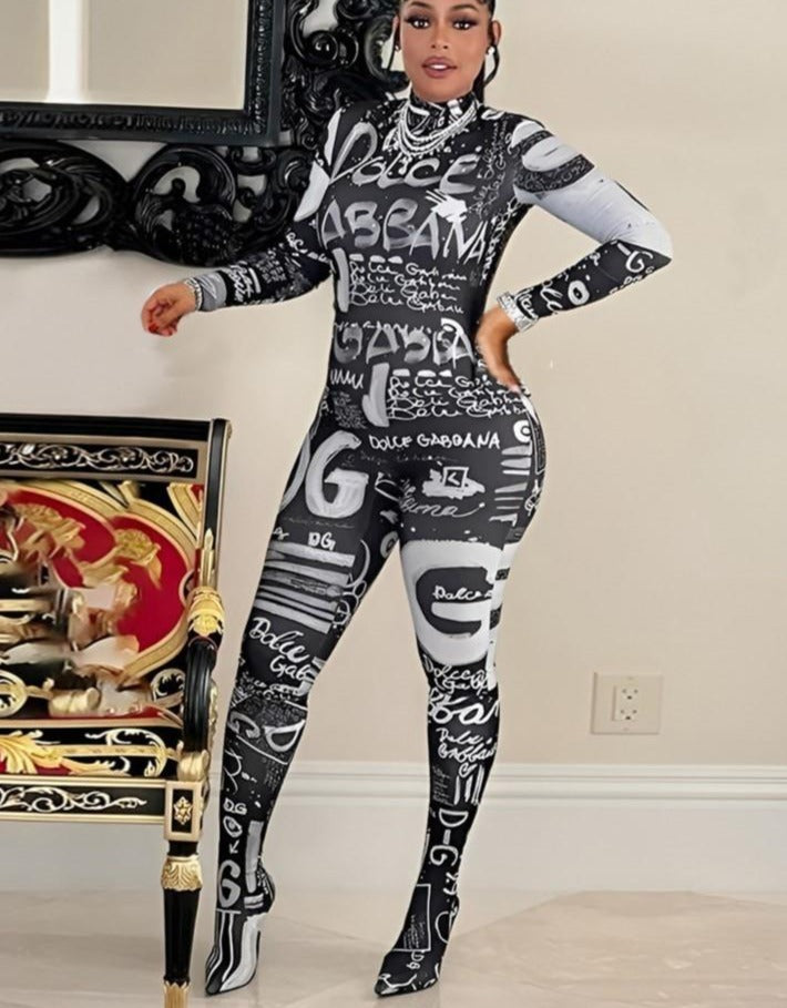 Xiktop Sexy 3D Letter Print Overalls for Women Jumpsuit Women Long Sleeve Hip Lift Bodysuit